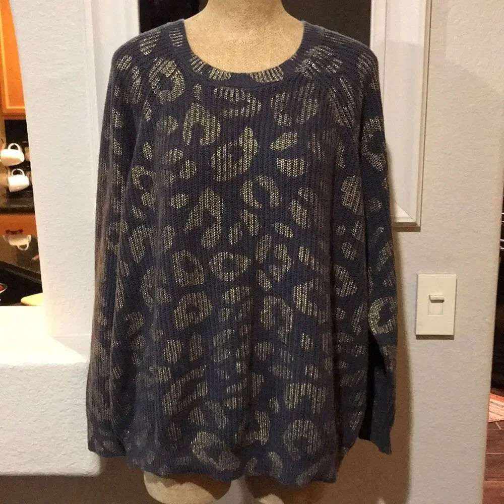 Torrid Dark Grey Gold Foil Leopard Rib Pullover Sweater Animal Print Size 2 2X - Picture 6 of 12